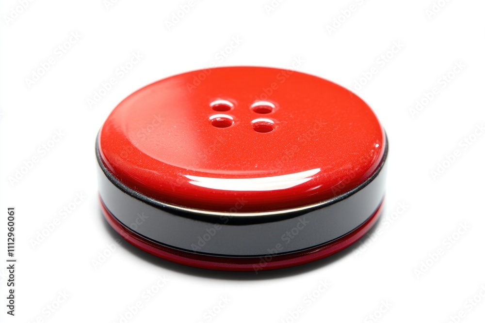 Poster a bright red button sits atop a clean white surface, ready for use