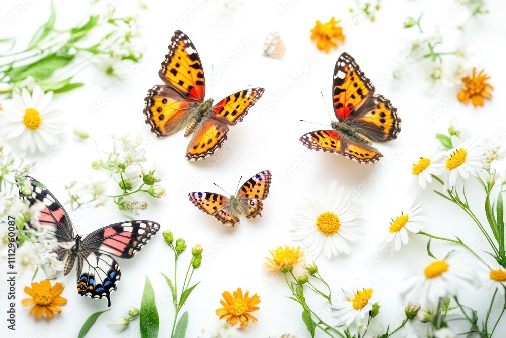 Poster a cluster of colorful butterflies perched on a clean, white background