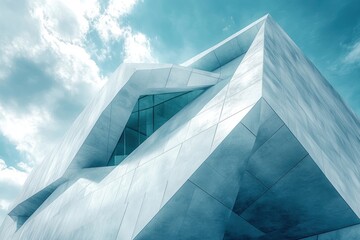 Abstract architectural structure with angular design and reflective surfaces.