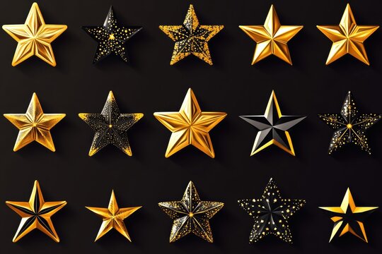A collection of shiny gold stars against a dark black backdrop