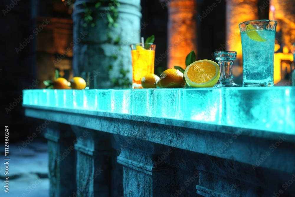 Poster a still life image featuring a table with a glass of water and some oranges