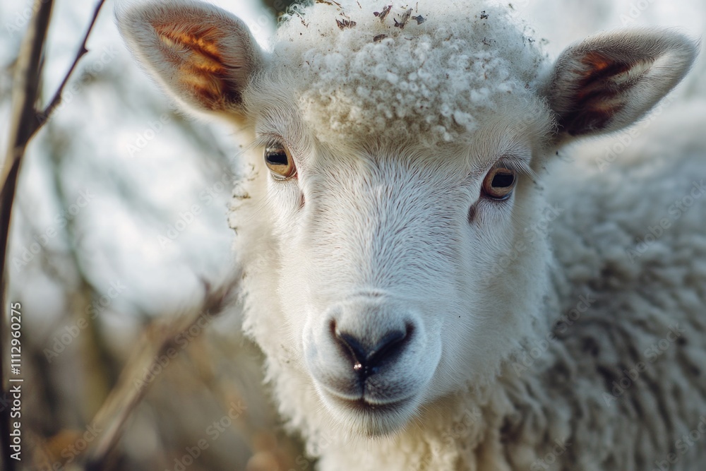 Poster close-up view of a sheep's face with blurred background, suitable for use in rural-themed designs or
