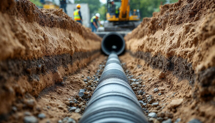 Close-up of sewer pipe installation in a neatly cut excavation trench.