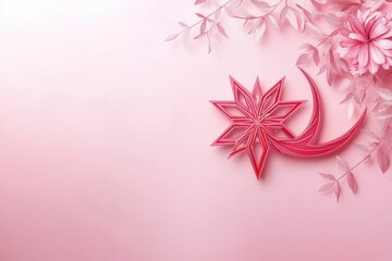 Obraz premium Geometric star ornament and crescent design, set on a pink background with soft red details for Eid al Adha Mubarak.