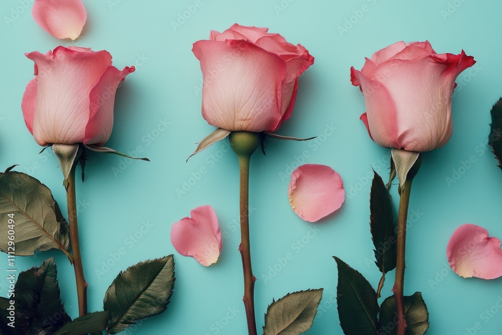 Poster a cluster of pink roses on a smooth blue surface, perfect for highlighting a special occasion or add