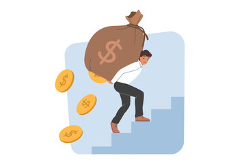 Man investor loser loses money due to inflation, climbs stairs with curly bag money. Investors experience stress because of expenses on way to accumulating wealth or achieving financial independence