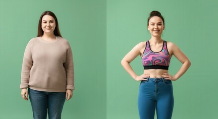 Transformation journey of young caucasian woman with athletic and casual styles on green background