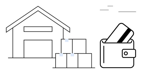 Warehouse with stacked boxes symbolizes storage and inventory, while wallet with credit cards represents online payment. Ideal for e-commerce, logistics, retail, online shopping, inventory