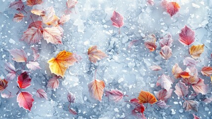 Vibrant Autumn Leaves in Shades of Red Orange and Yellow Covered in Delicate Frost and Snow Crystals Against a Frozen Icy Background with a Captivating Abstract Texture and Pattern