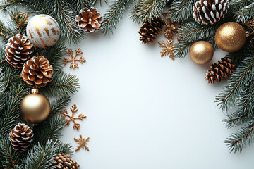 Christmas-themed flat lay with pine branches, golden ornaments, and snowflakes on a white background. Clean layout with space for text, perfect for holiday greetings