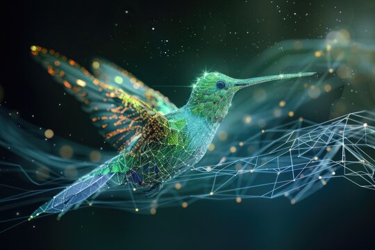 A hummingbird in flight at night, illuminated by moonlight