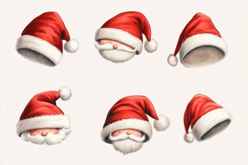 Six Santa hats on a white background
