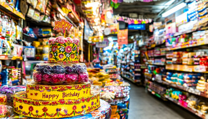 Fototapeta premium Festive birthday candy display in a vibrant, colorful store aisle. A cheerful, celebratory atmosphere.