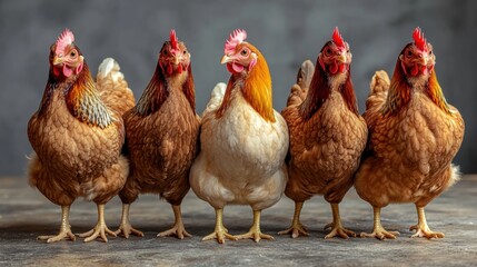 Fototapeta premium Group of brown hens with detailed feathers, standing in a row, farm animals, chicken coop setting, livestock, rustic background, poultry farming