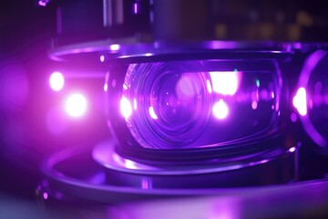 A close-up view of a camera with purple lights