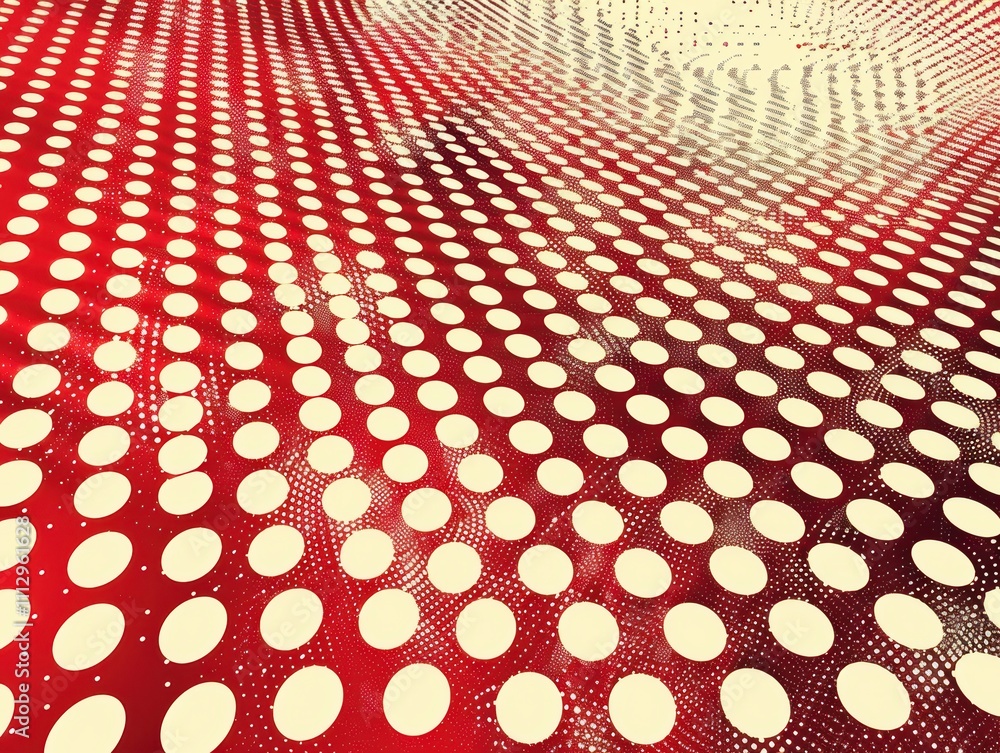 Poster abstract design featuring a pattern of red and white dots.