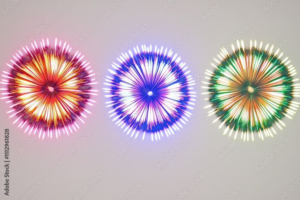 Poster Three colorful fireworks exploding against a gray background