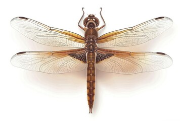 A brown dragonfly perched on a white surface, ready to take flight