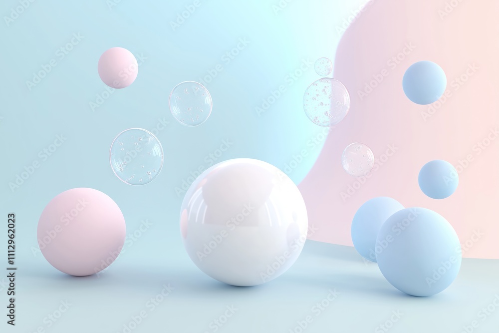 Poster pastel balls, soap bubbles float in air on pastel background. abstract art scene features various so