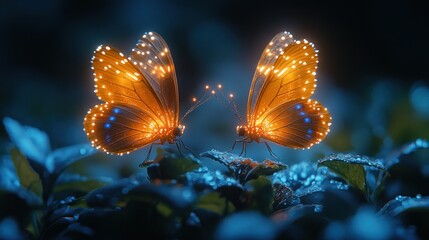 Here's a possible  and keyword list for your image.. Luminous butterflies face each other in the night.