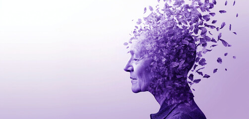 Human with petals and butterflies flying away lilac color. Concept template banner world day of alzheimer, mental disorders with space for text.