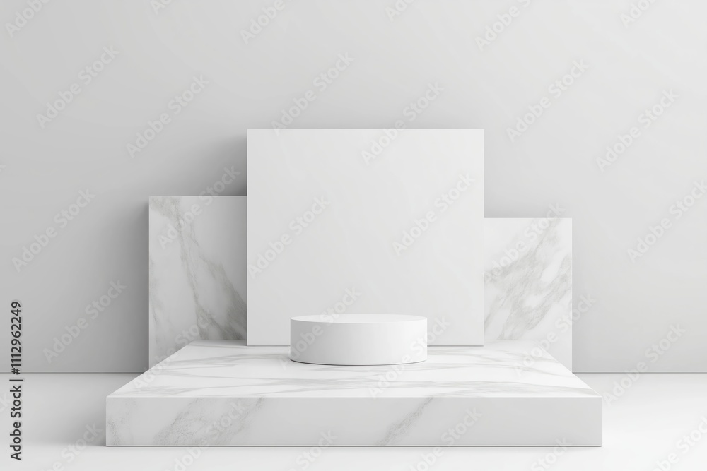 Aufkleber white marble podium display. minimalist scene. blank geometric shapes. product display area. empty p