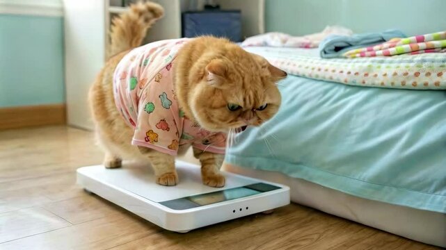 Chubby ginger exotic cat with open mouth standing on a digital scale, shocked by its weight. Upset about overweight problem. Funny plump, overeating, fat cat concept. Overweight problem, check weight