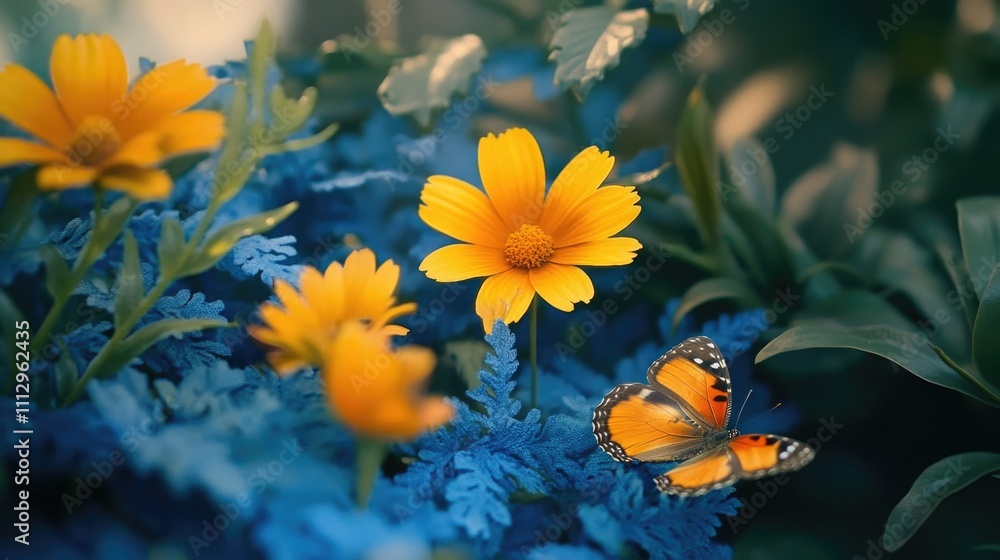 Poster a close-up shot of a butterfly sitting on a colorful flower, highlighting the intricate details and 