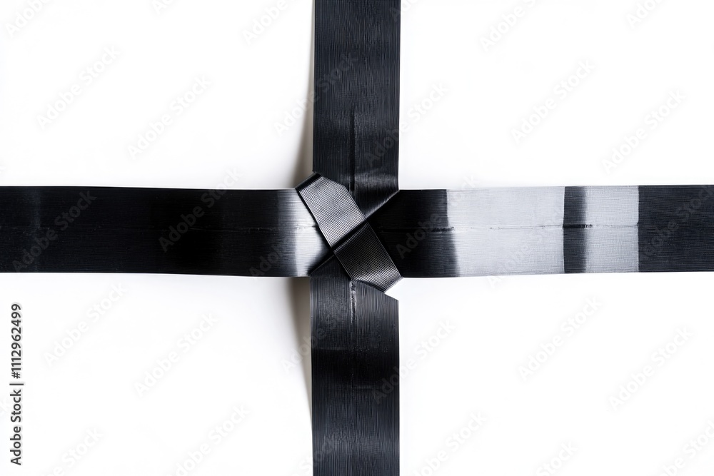 Poster a close-up shot of a black ribbon against a pure white background, ideal for use in designs where a 