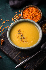 Healthy vegan lentil cream soup