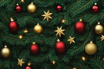 A close-up view of Christmas tree ornaments in red and gold, perfect for holiday decorations or editorial use