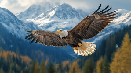 Fototapeta premium Bald eagle soars high above snow-capped mountains. Majestic bird in flight against backdrop of nature. Powerful eagle displays freedom, strength. Wild animal in stunning landscape. Wildlife photo.