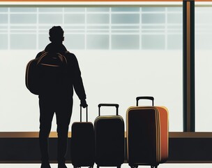 Silhouette of man with luggage waits in airport. Passenger stands at window looking at boarding gate. Man carrying backpack, two suitcases. Transportation travel concept. Passenger waiting for flight