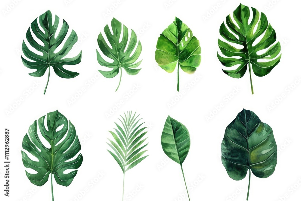 Poster a collection of colorful tropical leaves on a white background, perfect for using in illustrations o