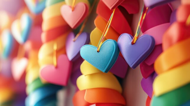 A bunch of colorful paper hearts hung on a wall, perfect for Valentine's Day or any romantic occasion