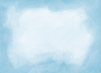 Watercolor light background with natural paper texture. Abstract watercolur blue pattern with blue splashes. Aquarelle painting with white copy space for banner design, greeting card in trendy style.