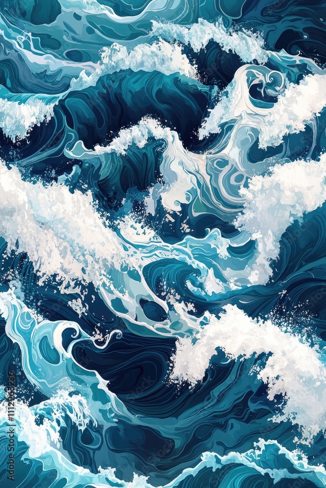 Poster a painting of a large wave crashing into the ocean with white foam and blue water