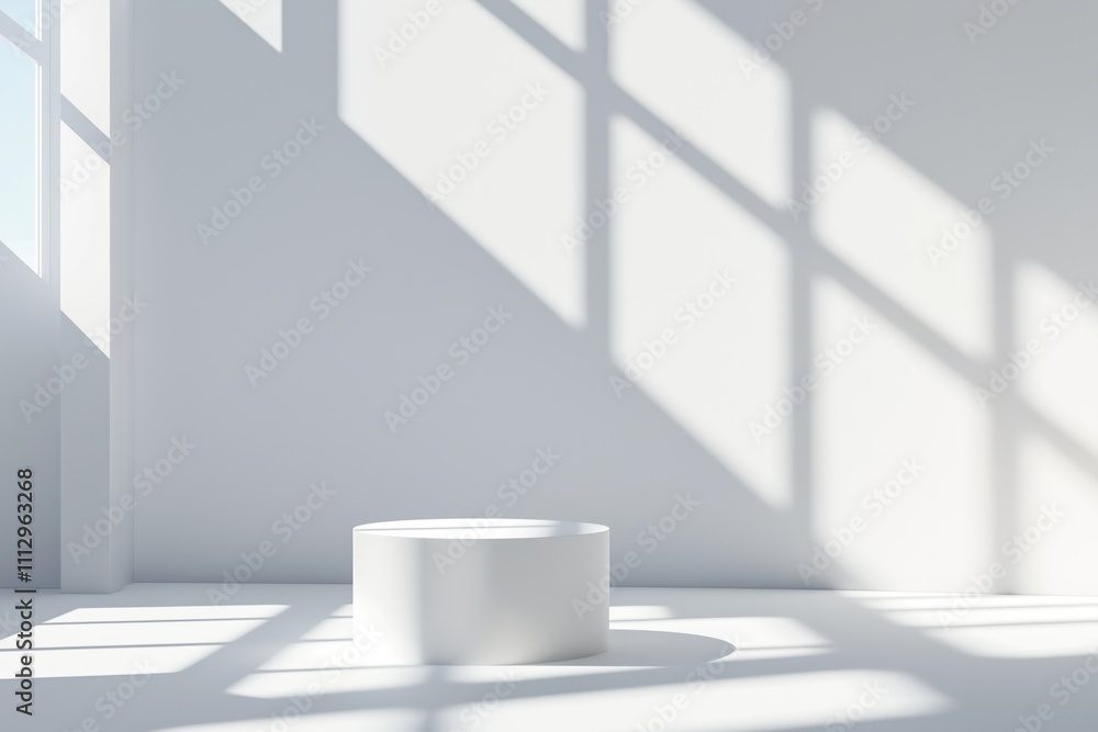 Poster empty white cylinder podium in modern studio setting. sunlight casts shadows from windows on white w