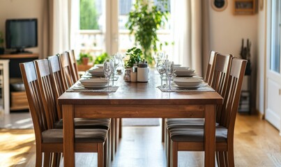Obraz premium Wooden dining table, set for guests, bright room.