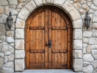 A wooden double door with an arched top, flanked by stone walls and lanterns.