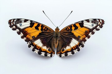 Naklejka premium A white butterfly with orange highlights sits on a white surface, ready for capture