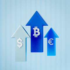 A 3D illustration showcasing upward-pointing arrows with currency symbols ($, ₿, €), representing financial growth, cryptocurrency trends, and global market performance.