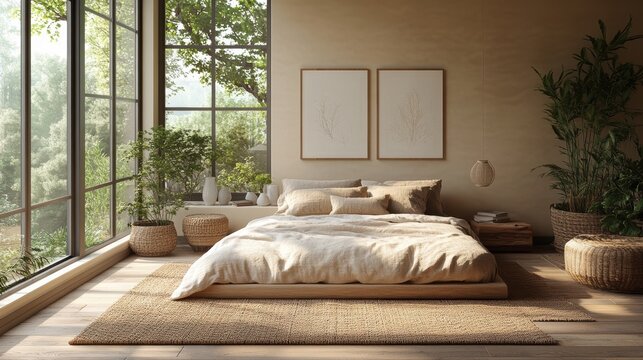 A spacious bedroom with abundant natural light showcases minimalist interior design elements with a cozy bed surrounded by lush green plants and large windows.