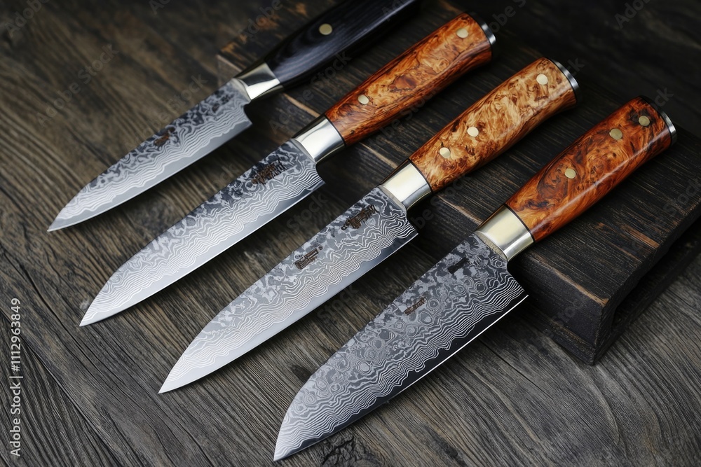 Poster a collection of knives arranged neatly on a wooden tabletop, suitable for use in lifestyle or still 