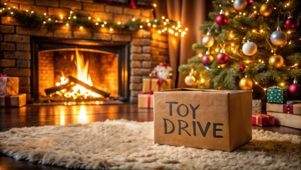 Christmas celebration with cozy fireplace and toy drive box, warm festive atmosphere