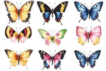 A group of colorful butterflies flying and fluttering on a white background, suitable for illustrations, decorations, or backgrounds