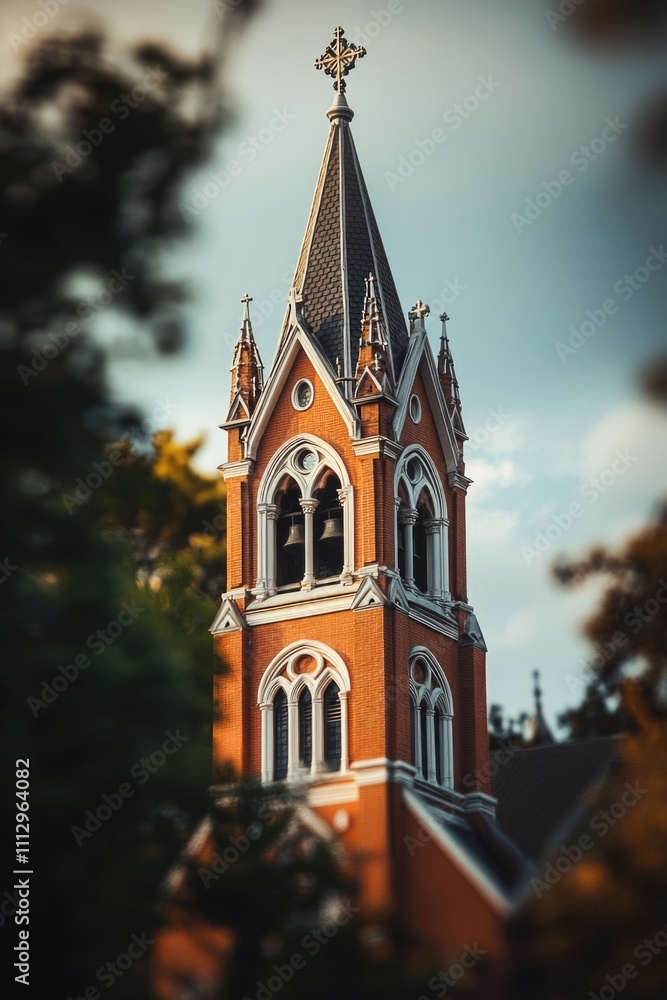 Poster a church steeple with a cross on top, suitable for use in a religious or architectural context