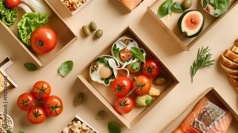 Poster A selection of different foods packaged in boxes and placed on a table
