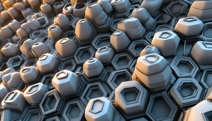 Obraz premium Abstract 3D rendering of a hexagonal honeycomb structure with rounded, textured elements. Ideal for backgrounds, technology, and futuristic designs.