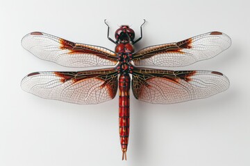 A single red dragonfly perched on a smooth white surface, ready to take flight